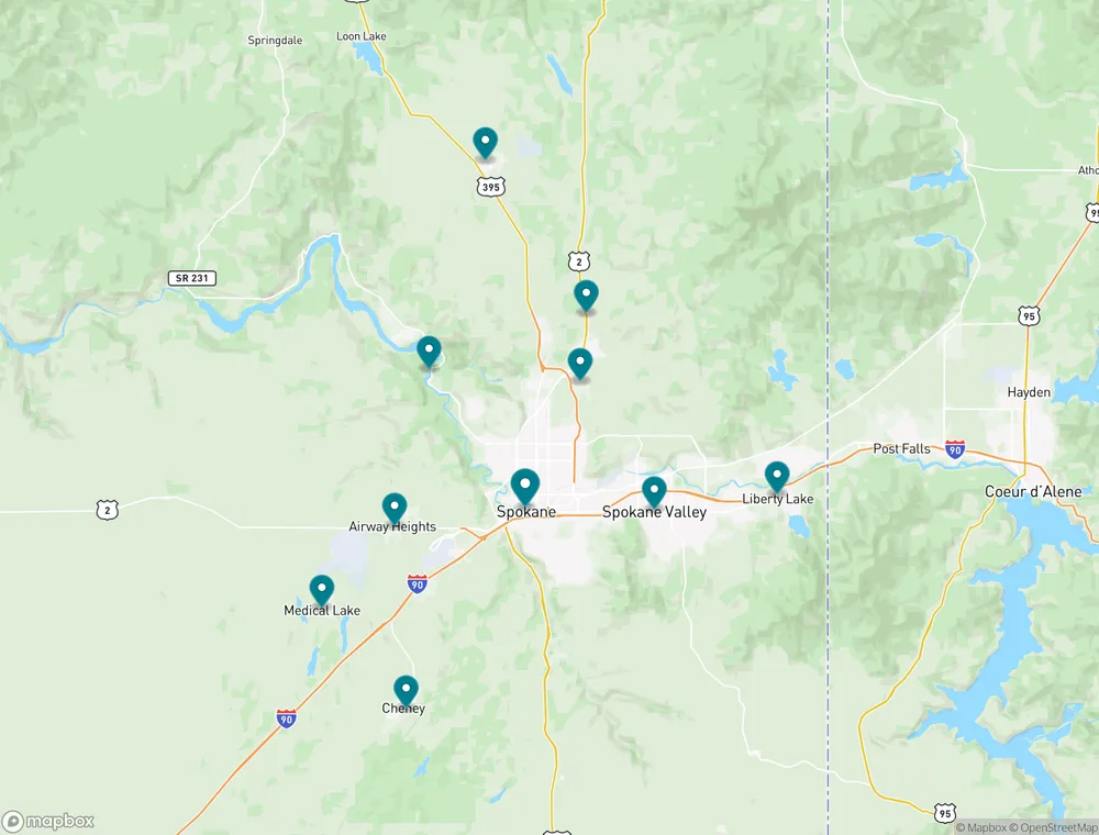 Street map of the Spokane area with a pin on each town we serve across Spokane County